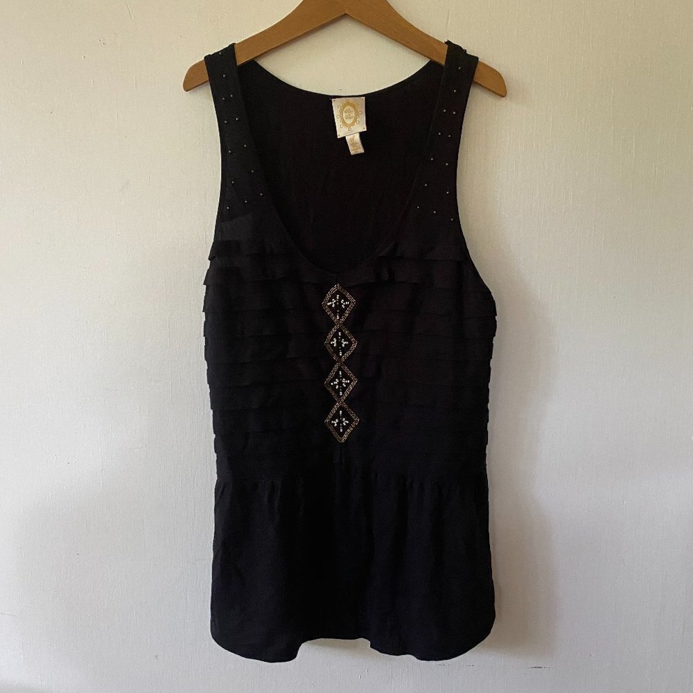 ANTHROPOLOGIE Ric Rac Whimsigoth Tank Top Small Black Dark Cottage Beaded Boho